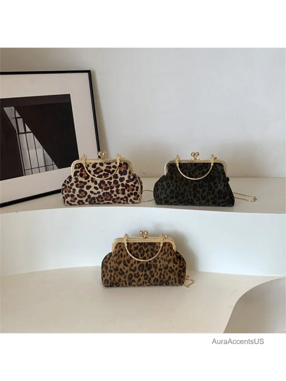 Faux Suede Leopard Kiss Lock Evening Clutch with Removable Chain